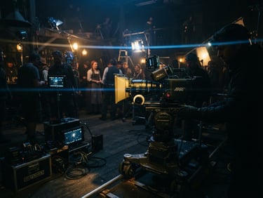 Wide panoramic shot of a high-end cinema camera with anamorphic lens on a film set, dramatic low-light, lens flare, deep shadows, rich gold and twilight blue tones, 35mm film grain.