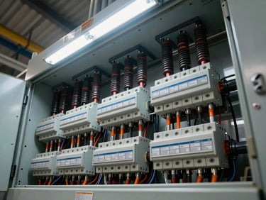 Wide overhead shot of an industrial electrical panel mid-installation inside a Moroccan factory, terminal blocks and busbars visible under harsh fluorescent overhead light, orange conduit markers and cable labels in sharp focus