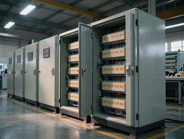 Wide environmental shot of PLC control cabinet open on a factory floor, DIN-rail mounted modules and wiring ducts fully visible, overhead industrial lighting creating strong contrast on dark metal chassis and orange wiring labels