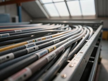 Extreme close-up of cable tray inside an active warehouse, neatly bundled multi-core cables with identification markers, harsh north-facing daylight from a high clerestory window revealing wire textures and tray edge details