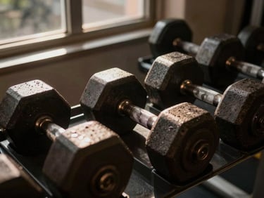 Dramatic close-up of heavy iron dumbbells on a dark rack, side-lit window daylight casting long shadows, deep charcoal and warm amber tones, 35mm lens