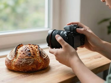 A close-up of hands holding a professional camera focusing on fresh sourdough bread on a wooden surface, natural window light