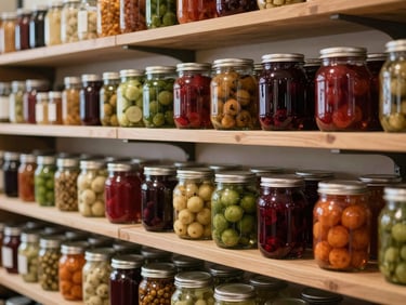 A modern food market counter with clean wooden shelves, glass jars of preserved fruits, and soft lighting