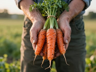 Hands of a farmer holding freshly harvested soil-dusted carrots, soft morning sun, warm editorial style