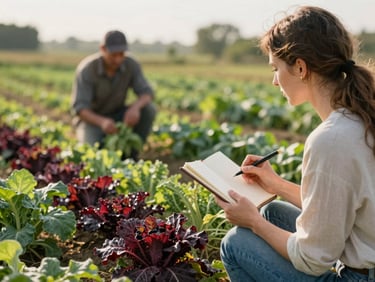 A woman with a notebook talking to a farmer in a sunlit organic vegetable field, soft natural light, 35mm