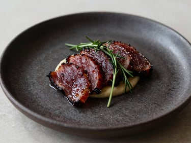 Elegant close-up of a rustic plated dish on a dark ceramic plate, soft natural side lighting, minimalist design