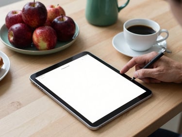 A designer working on a minimalist layout on a tablet next to a cup of black coffee, clean wooden desk, Scandinavian aesthetic