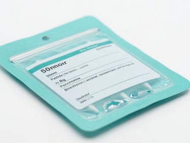 Close-up of sealed medical device packaging under bright neutral white studio light, sterile teal tones, sharp focus on regulatory labels