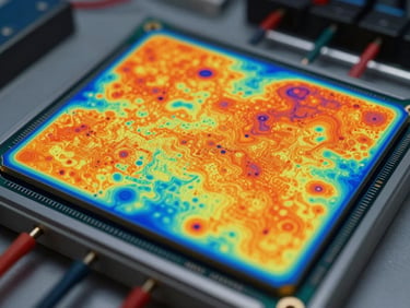 Thermal false-color infrared imaging of a power module under full switching load, vivid orange-to-blue temperature gradient map visible across die surface, test bench context with measurement probes at frame edge, no text overlays