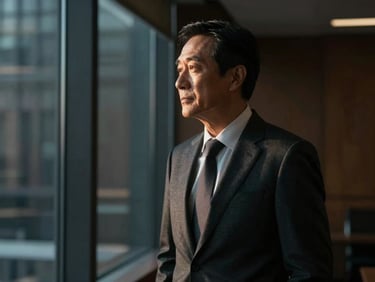 Cinematic portrait of a mature CEO in a deep charcoal suit, dramatic side-lighting, looking thoughtfully out of a high-rise office window, rich dark tones