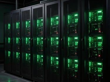 Clean server infrastructure with glowing green lights, structured grid layouts, low-key dramatic lighting, deep shadows, cinematic architectural photography
