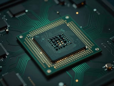 Macro shot of a quantum processor chip with intricate circuitry, subtle gold light leaks, deep obsidian tones, cinematic architectural photography, sharp focus