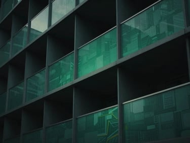 Structured data visualizations flowing through architectural geometry, low-key dramatic lighting, deep obsidian and emerald tones, sharp focus, cinematic architectural photography, 35mm anamorphic lens.