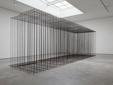 Extreme wide shot of a minimalist white-cube gallery space with a large-scale iron rod installation stretching from floor to ceiling, diffuse natural light from a skylight, soft shadows.