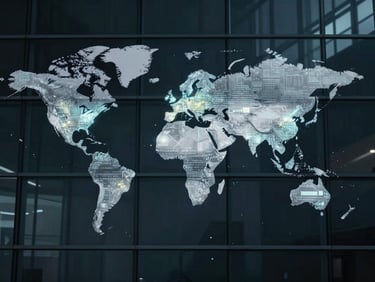 Architectural corporate environment, a global map projected onto a glass wall with glowing data points, cool diffused light, desaturated navy and charcoal tones, sharp architectural focus, 35mm