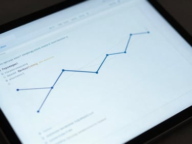 Close-up of a premium tablet displaying a clean data dashboard with lines of code and abstract network connections, soft blue light, desaturated navy and charcoal tones, sharp architectural focus, 35mm