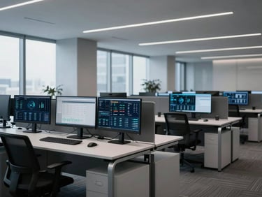 Wide shot of a modern, high-tech corporate office interior with sleek desks and large monitors displaying complex data dashboards, cool diffused daylight, desaturated navy and charcoal tones, sharp architectural focus, 35mm.