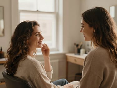 Mulher sorrindo enquanto atende uma cliente em uma cadeira de salão, ambas com expressões focadas e acolhedoras, luz suave de janela, tons quentes