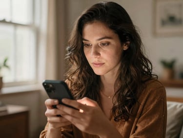 Mulher focada olhando para um smartphone, com um anel de luz suave refletindo nos olhos, em um ambiente de salão, luz natural, tons quentes