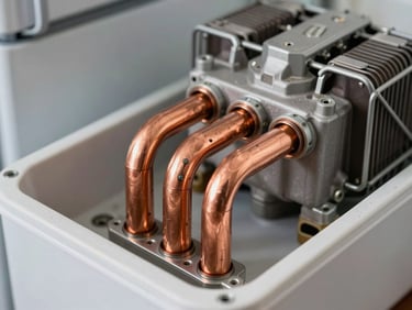 Macro shot of copper capillary tubes and compressor coils on a premium refrigerator chassis, task lighting highlighting solder joints