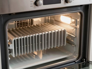 Close-up of a clean heating element inside a modern built-in oven, bright task light illuminating the porcelain cavity