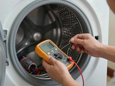 Technician hands using a digital multimeter to test the drive motor electrical harness of a front-load washing machine