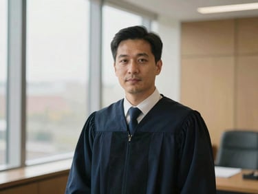 Natural portrait of a lawyer, mid-shot, in a modern law office, soft window daylight, deep navy and muted gold tones, shallow depth of field, 35mm.