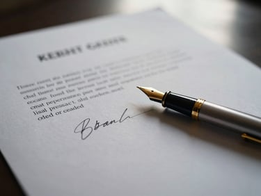 Close-up of a signed legal document with a golden fountain pen, soft window daylight, deep navy and muted gold tones, shallow depth of field, 35mm, abstract representation of order.