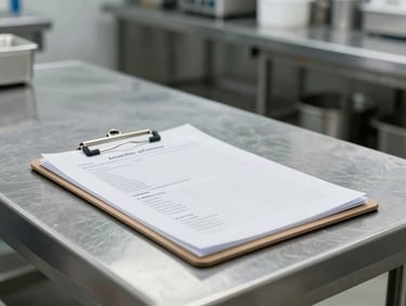 An operations clipboard with data sheets resting on a stainless steel prep table in a bright, clean commercial kitchen, fluorescent lighting, background showing blurred industrial shelves.