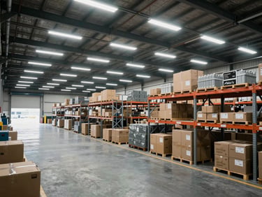 Wide environmental shot of a high-volume commercial loading dock under cool bright fluorescent lighting, structured metal racks, organized logistics.