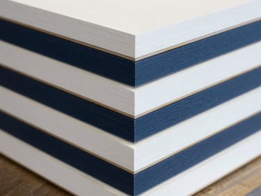 Close-up of stacked custom geometric wall panels made of premium white oak, clean edges, crisp workshop light