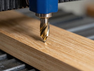 Macro detail of a CNC router bit carving clean edges into thick golden oak, sharp focus, 35mm workshop photography