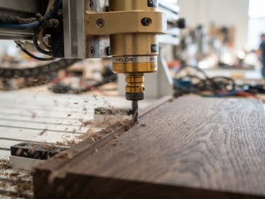 Macro photograph of a golden CNC router spindle carving a clean edge into dark architectural white oak, fine wood shavings, crisp workshop lighting, 35mm.