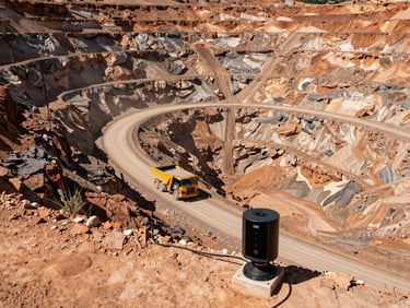 Wide shot looking down into an open-cut mine pit, a haul truck moving along a switchback road to the lower left, dusty ochre terrain under harsh midday sun, LiDAR sensor unit visible mounted on a high berm in the foreground