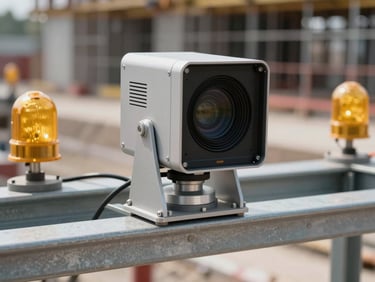 Close-up of a LiDAR sensor unit mounted on a steel gantry at a construction site perimeter, yellow safety lights visible in background, natural daylight, industrial hardware in working condition, no people