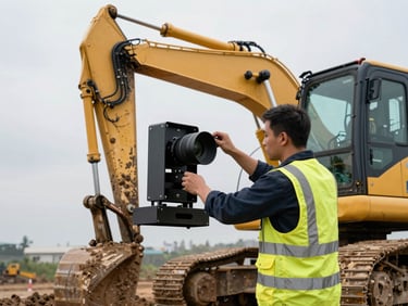 Field technician mounting a sensor bracket on the frame of a large construction excavator, overcast daylight, high-visibility vest, site mud visible on equipment, focus on hands and hardware