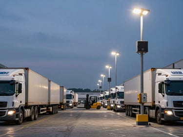 Wide logistics yard at dusk, rows of semi-trailers at dock bays under sodium flood lights, a sensor pole mounted at the yard entrance with visible hardware housing, forklift moving through the middle distance