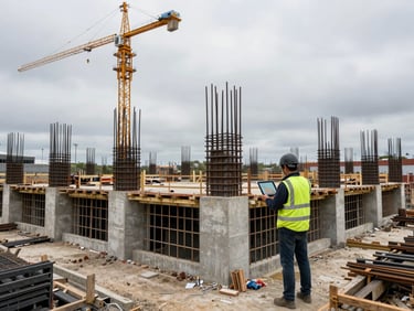 Environmental wide frame of a large construction site at ground level, concrete formwork and steel reinforcing in mid-pour, a worker in high-vis vest reviewing a tablet showing a site scan, tower crane silhouetted against overcast sky