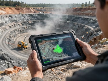 Wide-angle view from an elevated position over an active open-cut mine, LiDAR scan overlay visible on a ruggedized tablet screen held by an operator, natural site lighting, dust and machinery in background