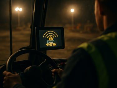 Over-the-shoulder view of a heavy vehicle operator inside a cab, proximity alert visible on a dashboard-mounted display, site lighting from safety floods, focus on the screen readout and operator's hands on controls