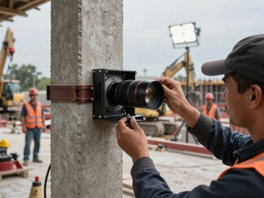 Technician mounting a sensor bracket onto a concrete column at an active construction site, workers and machinery visible and moving in the background, practical site flood lighting, documentary close-up framing
