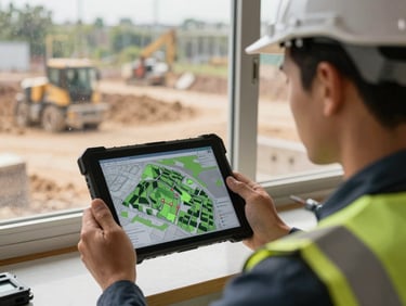 Over-the-shoulder of a site engineer viewing a 3D terrain progress map on a ruggedised tablet, earthworks site visible through a dusty site-office window behind him, natural afternoon light, no staging
