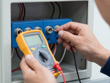 Close-up of a technician's hands testing an alarm panel with a multimeter, wires visible, focused work.