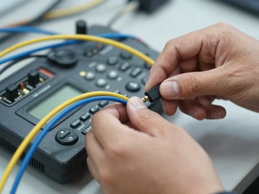 Close-up of a technician's hands connecting wires to an intercom unit, showing precise electrical work.