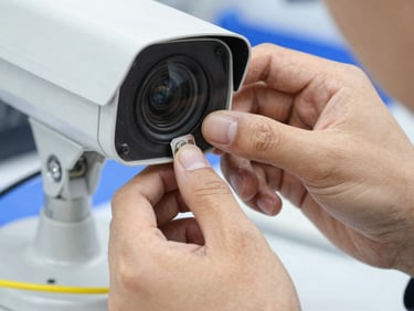 Close-up of a technician's hands carefully cleaning and adjusting the lens of a security camera, bright lighting.