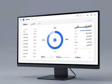 Sleek tech interface displaying Arabic-first AI analytics on a clean monitor, cool studio lighting with subtle blue accents, sharp focus, 50mm