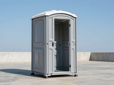 A wide-entry ADA-compliant portable toilet unit sitting neatly on a clean paved surface, bright daylight, professional setting