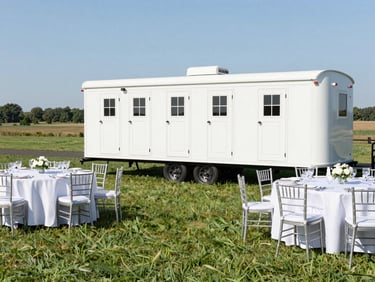 An elegant outdoor wedding reception on a manicured green lawn, with a clean luxury restroom trailer placed discreetly in the background under bright daylight