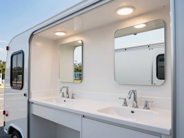 Interior of a luxury restroom trailer showing pristine white countertops, modern steel faucets, warm lighting, and clean mirrors