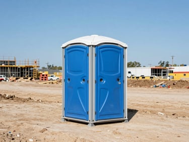 Wide environmental shot of a spotless blue portable toilet unit sitting neatly on an organized American construction site, bright daylight, clean blue sky, sharp focus